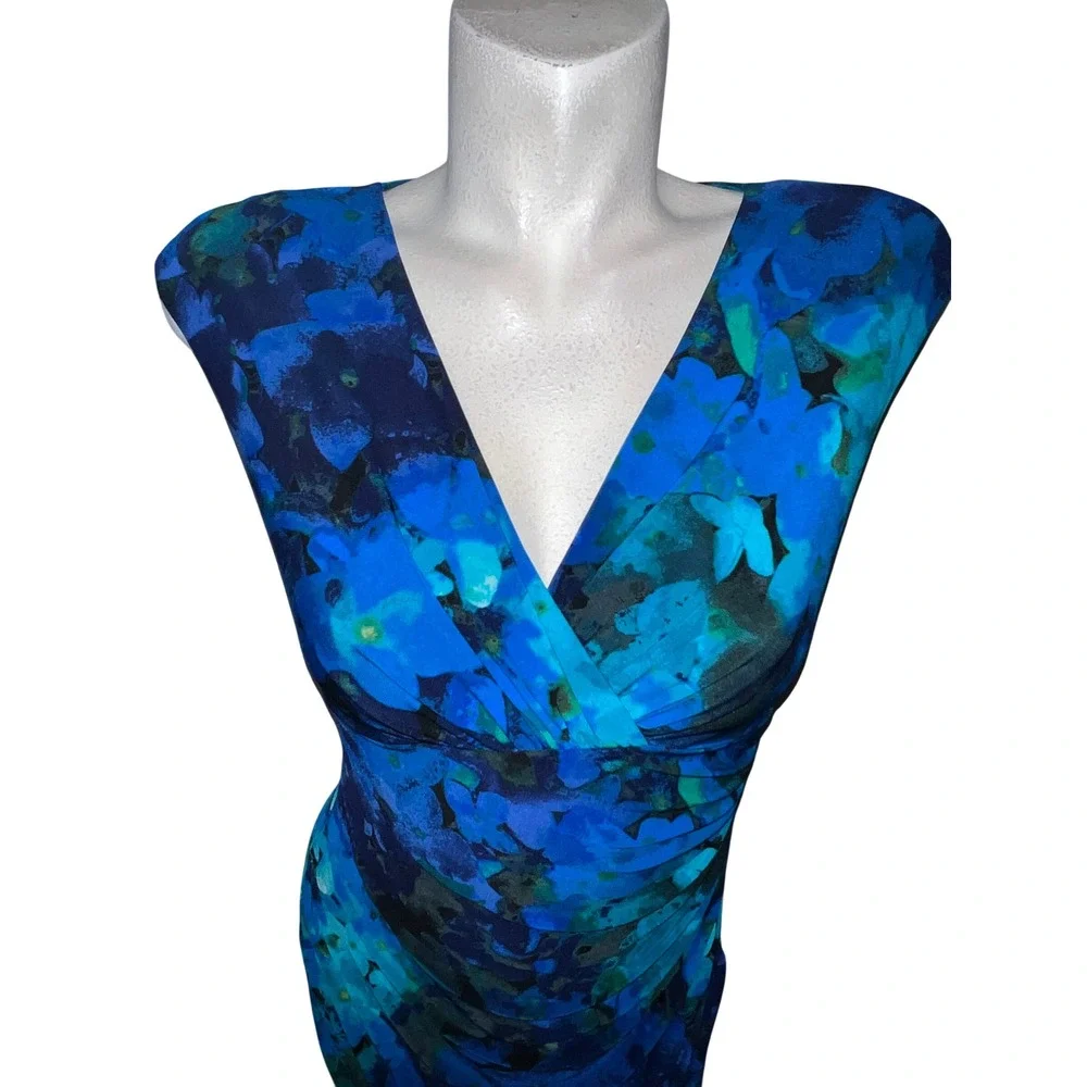 Lauren Ralph Lauren Blue Floral Watercolor Ruched V-Neck Sheath Dress Size 4 - Picture 2 of 8
